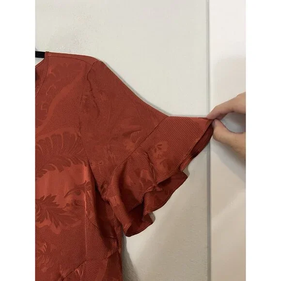 Cinq A Sept Silk Top Blouse Ruffle Asymmetric Size Medium Rust Orange Jacquard - Picture 7 of 15